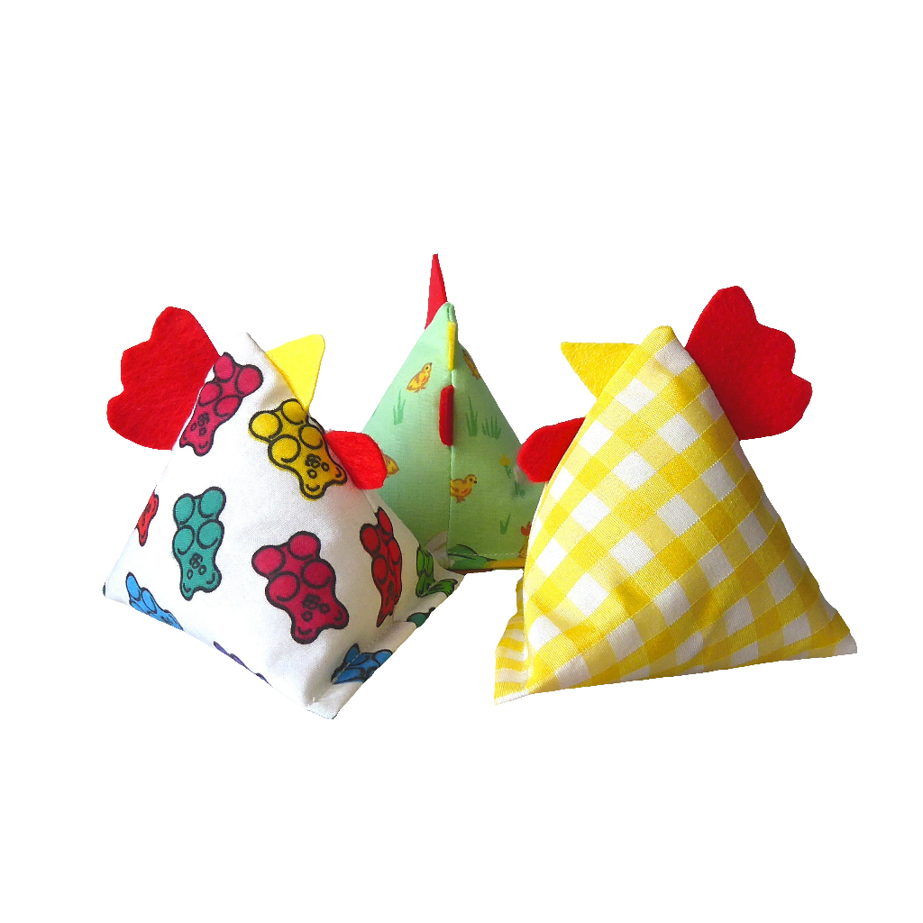 Catnip Cat Toy chickens made in the shape of triangles from various farm themed fabrics, stuffed with strong smelling catnip