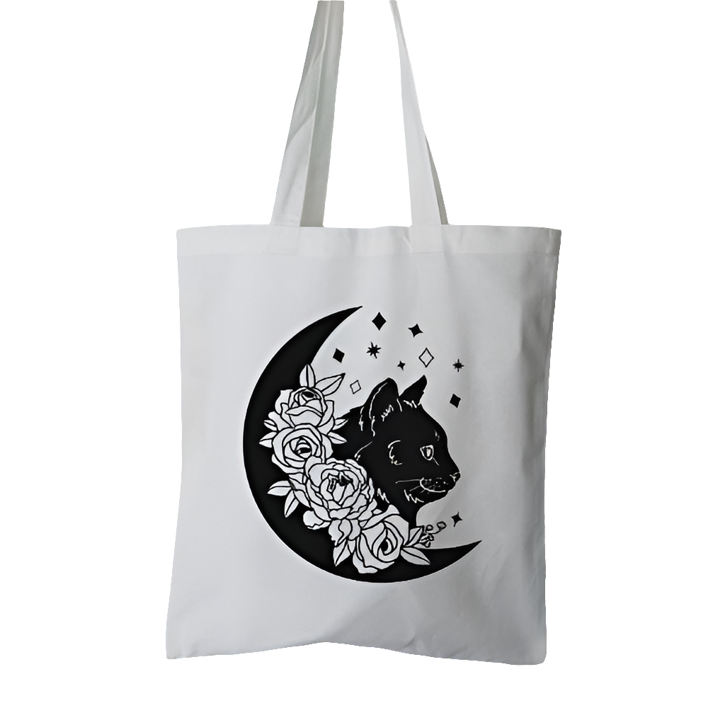 Cat, Moon and Stars Cotton Tote Bag