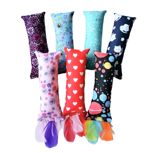 Catnip Cat Toy cat kickers made from a variety of beautiful fabrics and made with feathers