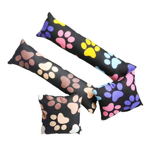 Catnip Cat Toy kickers and pillows in paw print fabric stuffed with strong smelling catnip