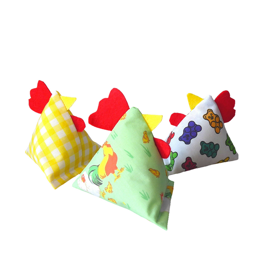 Catnip Cat Toy chickens made in the shape of triangles from various farm themed fabrics, stuffed with strong smelling catnip