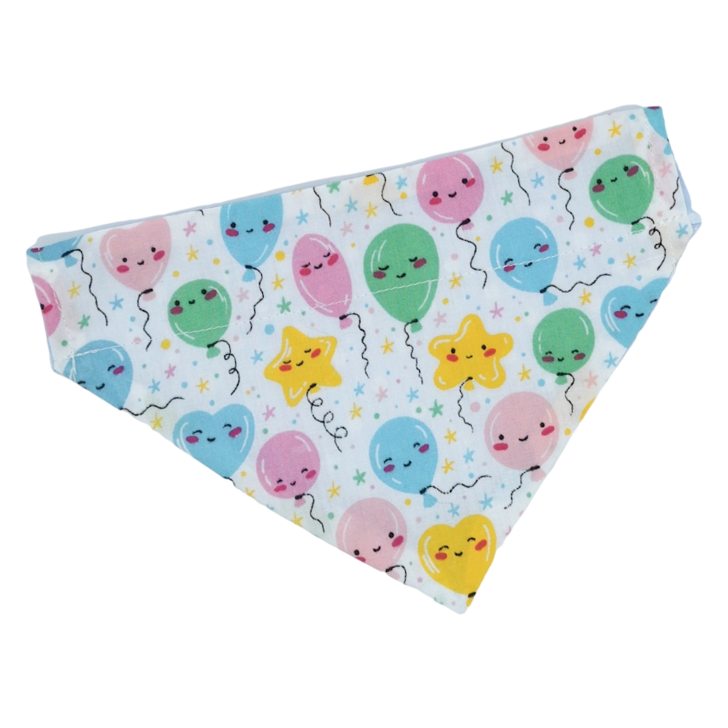 Picture shows a pet bandana which is made from pastel birthday balloon fabric, the balloons have kawaii faces on, this bandana is a perfect gift for cats and dogs on their birthday 