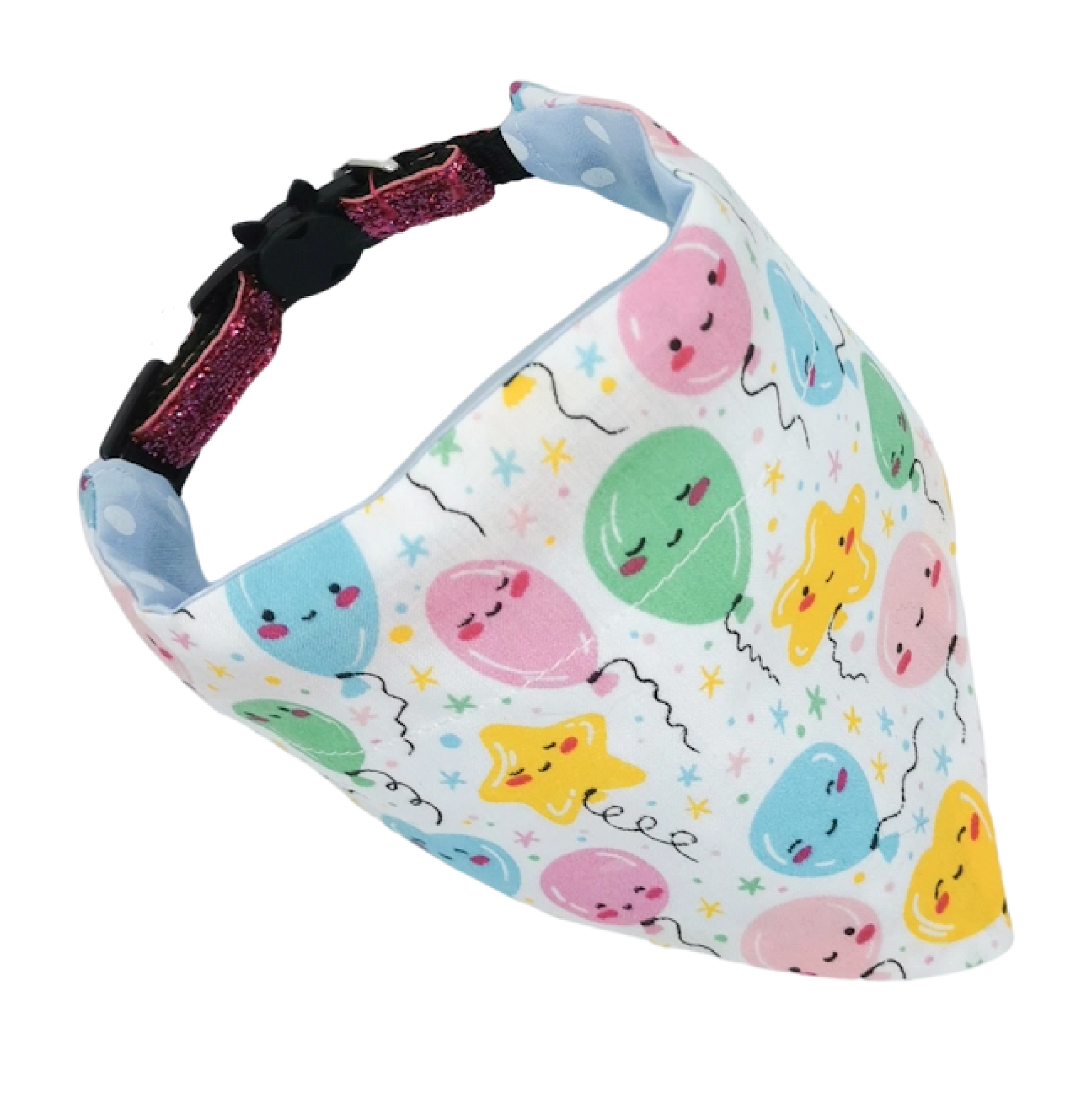 This picture shows the birthday bandana on a cats collar for an example of how the bandana would lie 