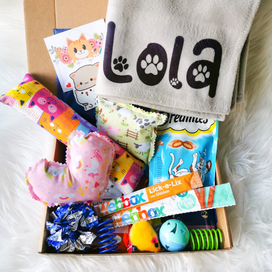 Picture shows a large cat gift box with a personalised grey blanket with the name "Lola", cat treats, a catnip kicker pillow and heart and various cat toys