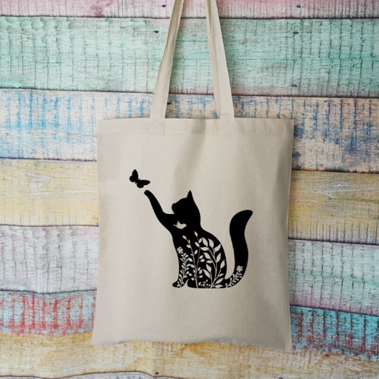 Cat and Butterfly Cotton Tote Bag