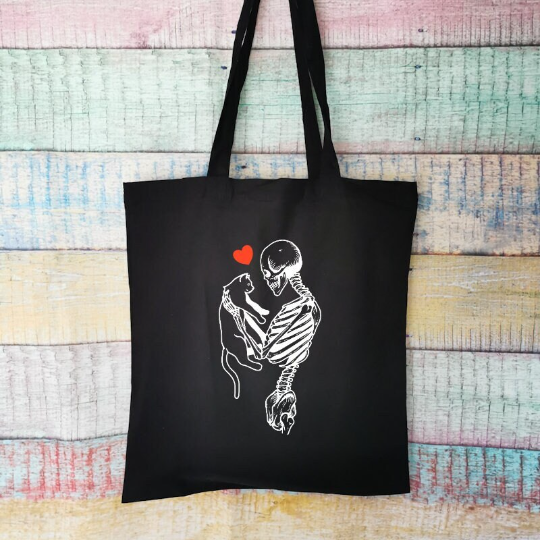 Cat and Skeleton Cotton Tote Bag