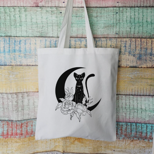 Cat, Moon and Flowers Cotton Tote Bag