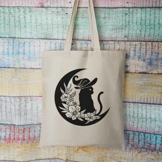 Cat, Moon and Witches Hat Cotton Tote Bag