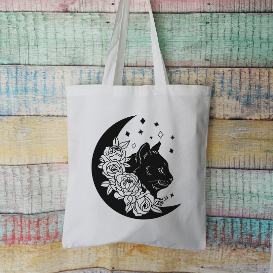 Cat, Moon and Stars Cotton Tote Bag