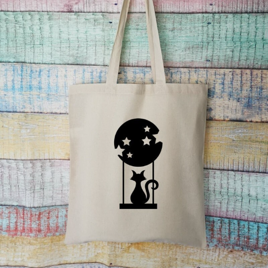 Cat Sat On A Moon Swing Cotton Tote Bag