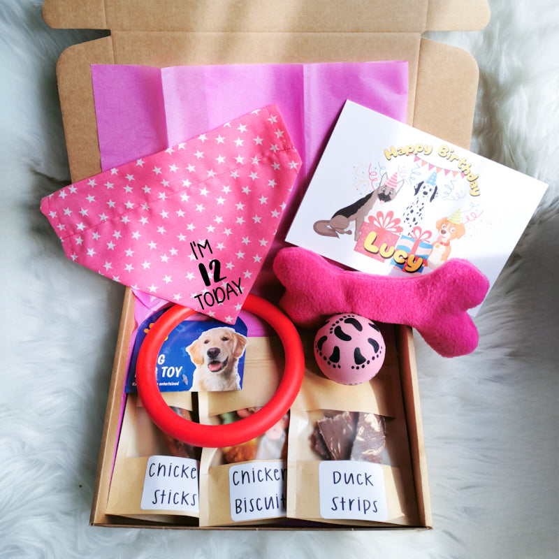 Pink dog birthday gift box, showing a personalised card, personalised bandana with the birthday number, three dog toys and three bags of treats