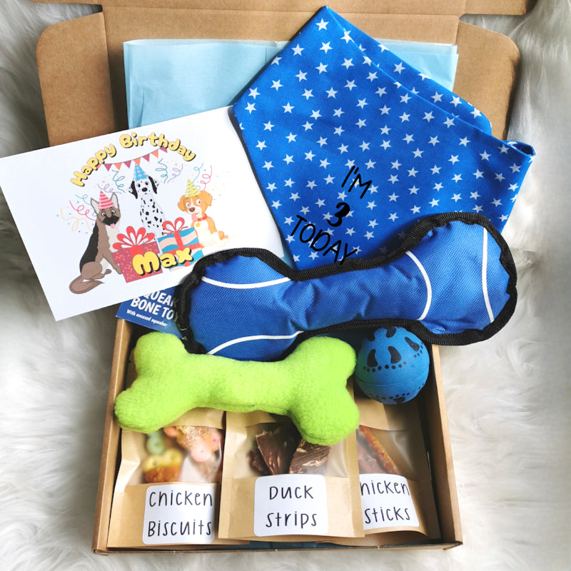 Blue dog birthday gift box, showing a personalised card, personalised bandana with the birthday number, three dog toys and three bags of treats