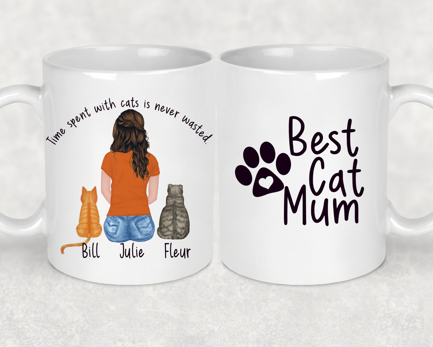 Picture shows a personalised mug with a cartoon woman facing away with her two cats, bill and fleur, above them in an arc it says "Time spent with cats is never wasted", on the other side of the mug it says best cat mum with a paw shape, this mug is perfect for mother's day