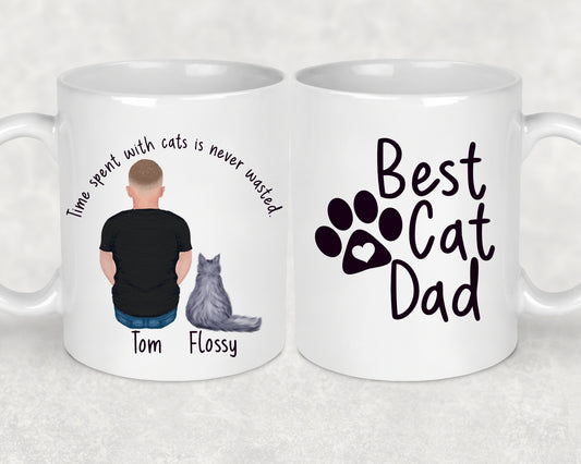 Best cat dad personalised mug featuring a cartoon male facing away their grey cat, above them in an arc it says "Time spent with cats is never wasted" and on the opposite side of the mug it says "Best Cat Dad" with a paw