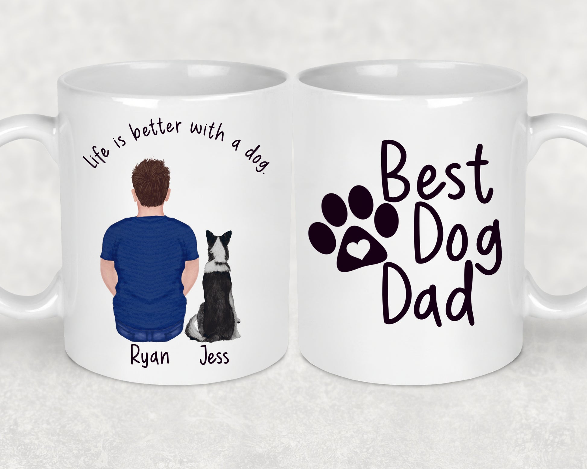 Picture shows a cartoon man facing away with his border collie sat next to him, above them in a arc it says "Life is better with a dog" and on the opposite side of the mug it says "Best Dog Dad" with a paw, this mug is perfect for father's day 