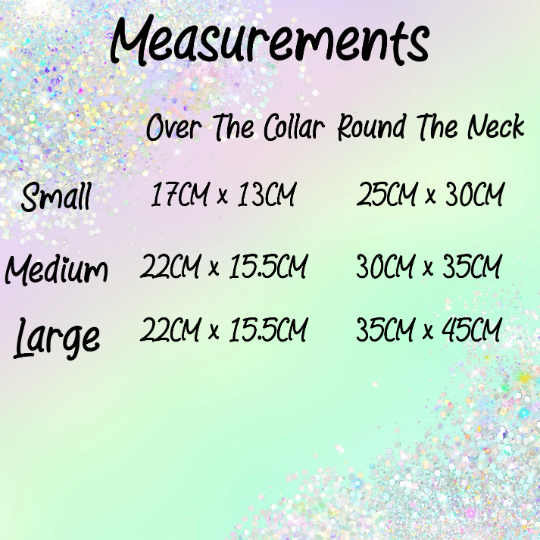 Measurement chart for the bandana options showing over the collar small 17cm by 13cm, medium 22cm by 15.5cm, large 22cm by 15.5cm and round the neck small 25cm by 30cm, medium 30cm by 35cm, large 35cm by 45cm