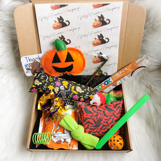 Picture shows a gift box full of autumn themed goodies for cats, with a catnip felt pumpkin, a skeleton and leaves kicker and a crows pillow there is plenty to keep your cat entertained, making it a perfect gift for cats