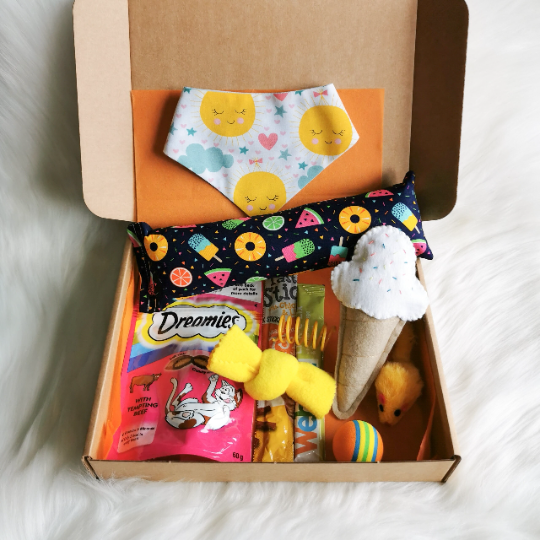 Picture shows a summer themed cat gift box with a dark summer print catnip kicker, white catnip ice cream, yellow fleece sweet and various cat toys and treats with a small summer themed bandana