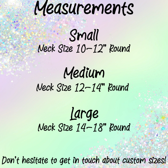 Picture shows the sizing options for the bandana, small is for neck sizes 10 to 12 inches round, medium is for neck sized 12 to 14 inches round and large is for neck sizes 14 to 18 inches round