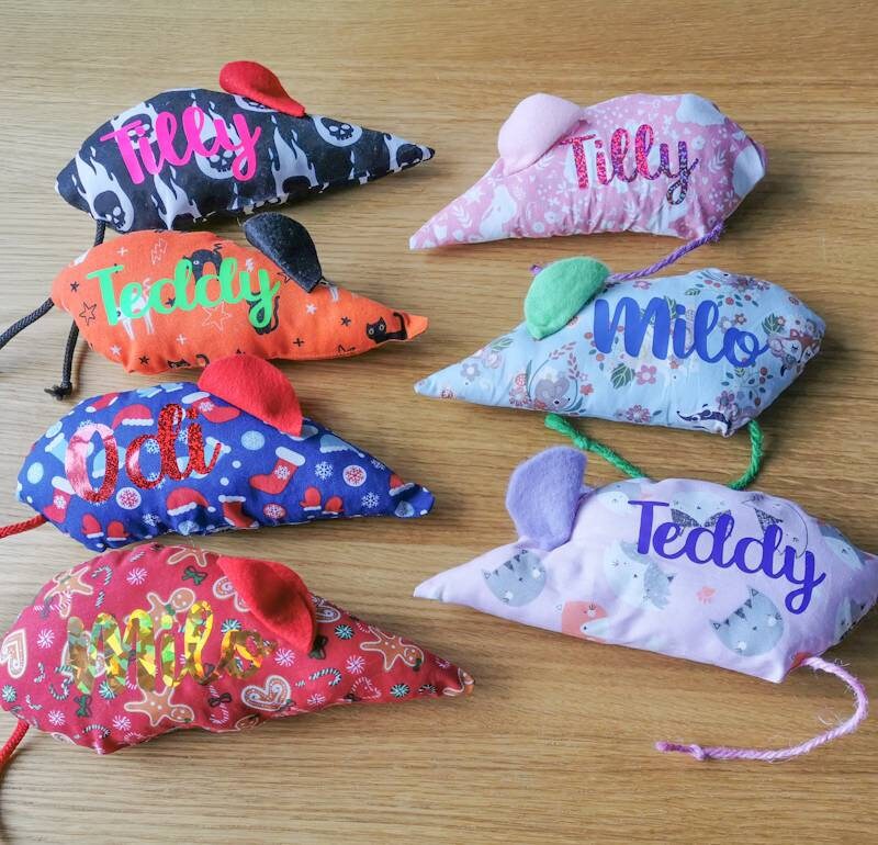 Catnip Cat Toy Mice that are personalised in a range of beautiful fabric 