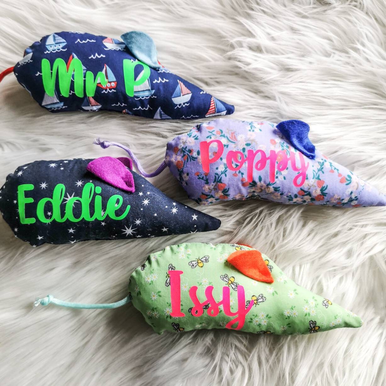 Catnip Cat Toy Mice that are personalised in a range of beautiful fabric 