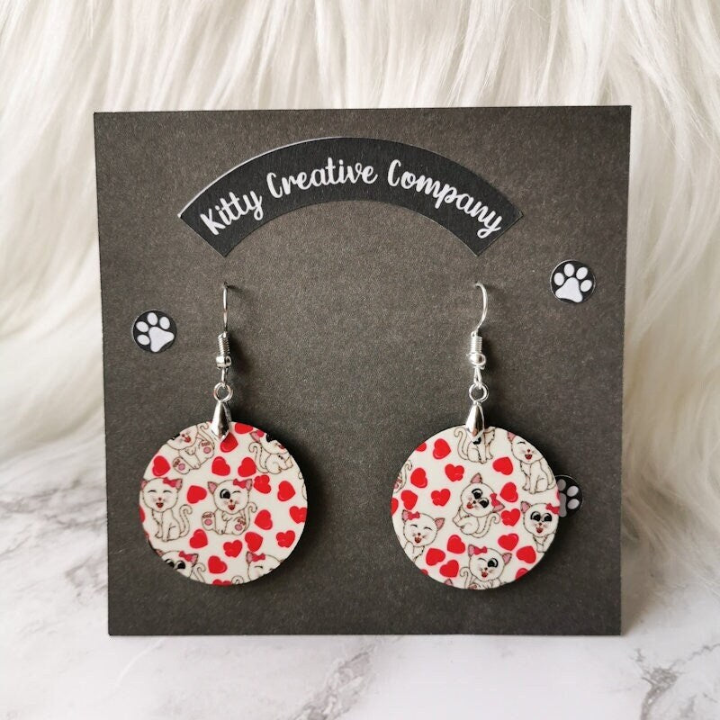 Valentines Cat Circle Earrings