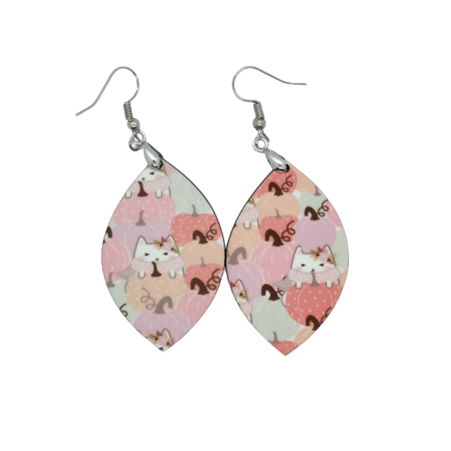 Picture shows an adorable pair of earrings with cats in multi-coloured pastel pumpkins, perfect for the autumn season, great gift for cat lovers