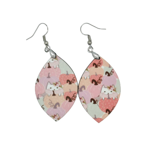 Picture shows an adorable pair of earrings with cats in multi-coloured pastel pumpkins, perfect for the autumn season, great gift for cat lovers