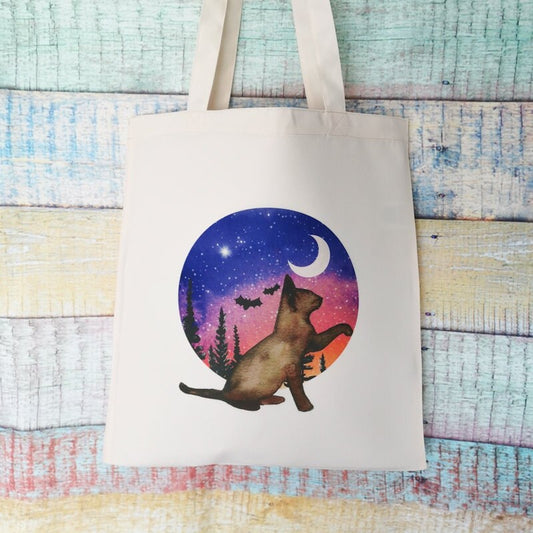 Night Sky Cat Polyester Tote Bag