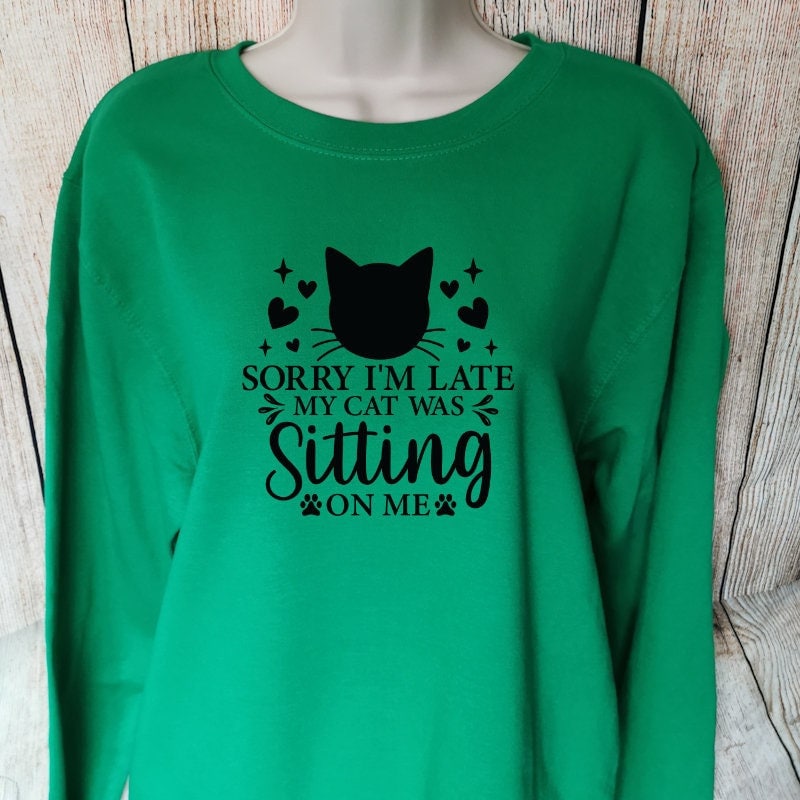 a sweatshirt for cat lovers in the colour green with the funny saying on of sorry i'm late my cat was sitting on me