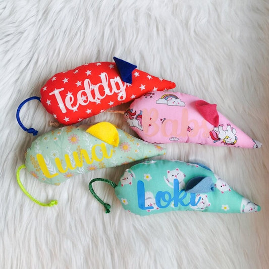 Catnip Cat Toy Mice that are personalised in a range of beautiful fabric 